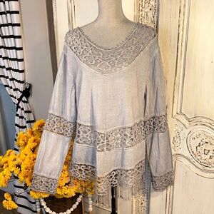 Indigo Threads 100% Cotton Elegant Lace Trim Blue/ Gray Women's Top